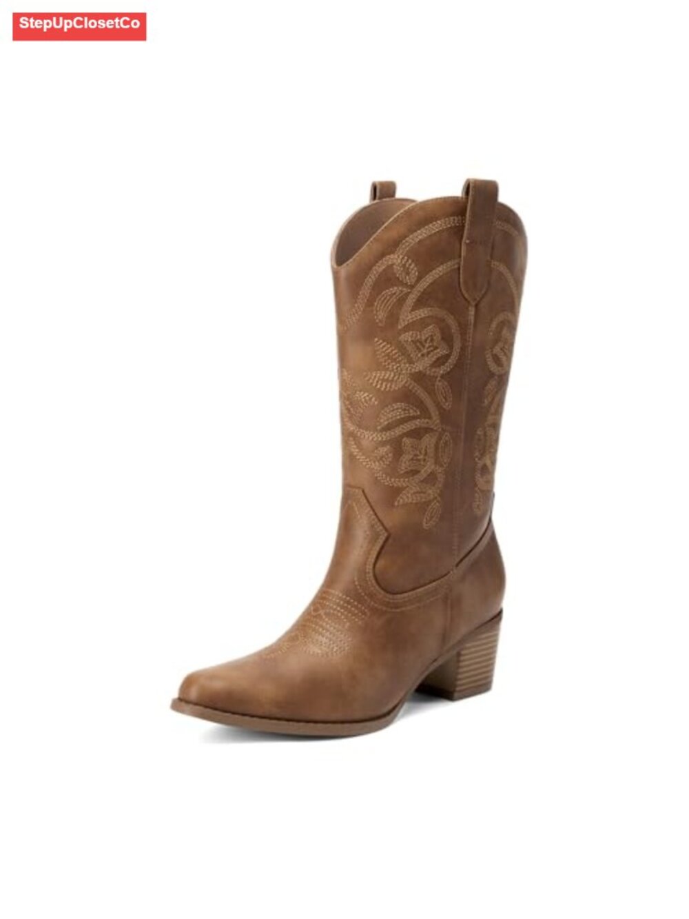 Western Mid Calf Cowboy Boots Faux Leather Block Heel Narrow Square Toe